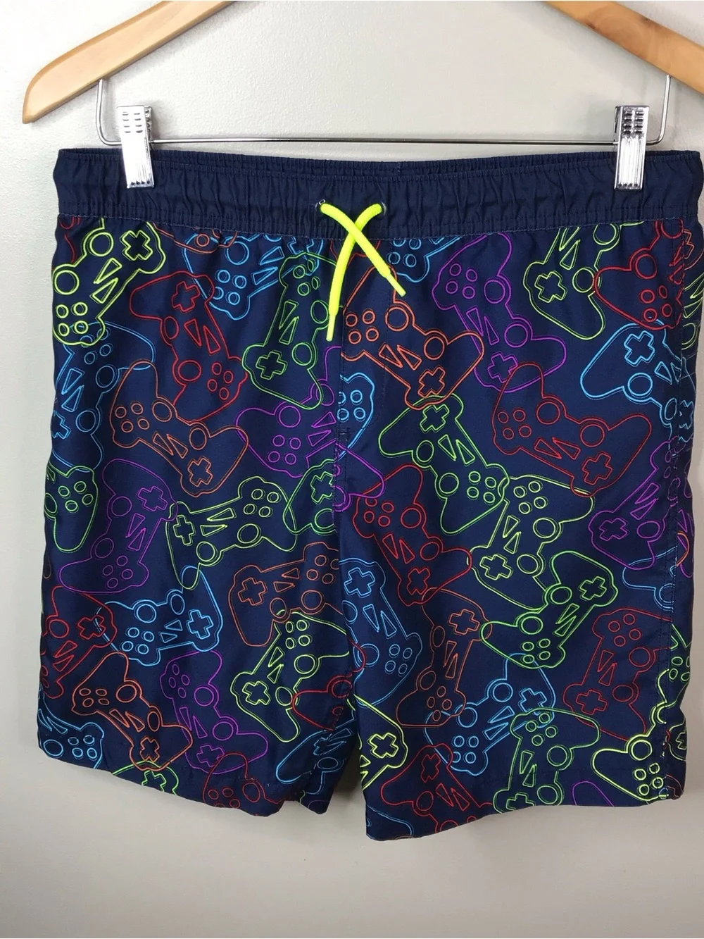 Lands' End Navy Swim Shorts with Neon Game Controller Print Boys Sz XL 14H-16H